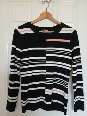 Striped Crewneck Sweater - Black, White & Pink